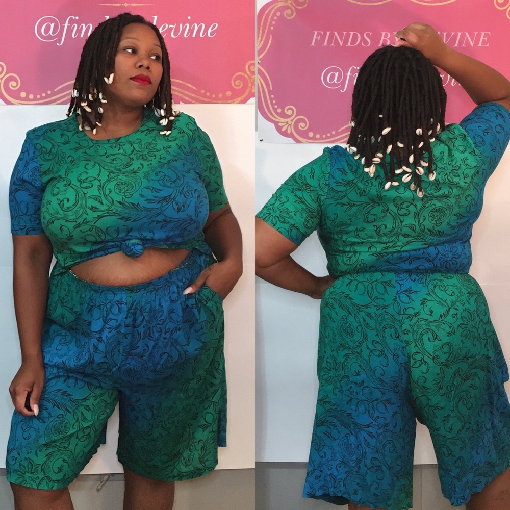 Vintage Beach Blue & Green 2-Piece Shorts Set